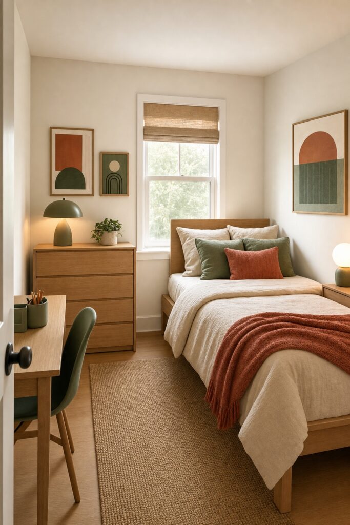 Small teen bedroom with a neutral base — warm white walls and wood furniture — and the personality color carried by bedding, a throw, and art in muted terracotta and sage.