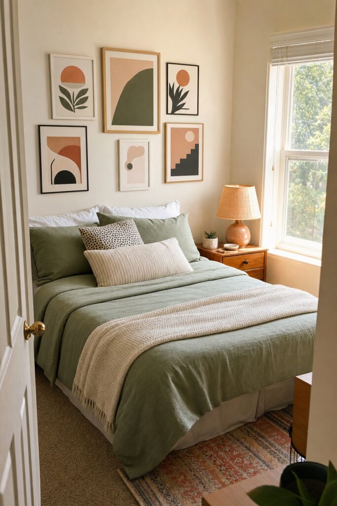 Small teen bedroom after a weekend refresh: crisp new layered bedding, a rearranged wordless print wall, and a new warm lamp on the nightstand.