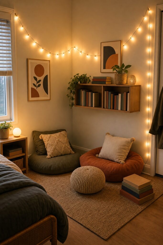 Hangout corner in a small teen bedroom: large floor cushions on a small rug, warm string lights above, and a low shelf with books and a plant.