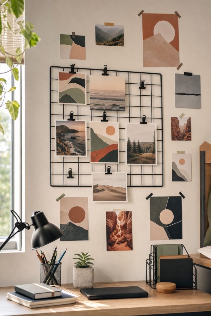 Changeable teen room wall: a wire clip grid and taped wordless art prints and photos arranged above a desk, with a few clips left empty.