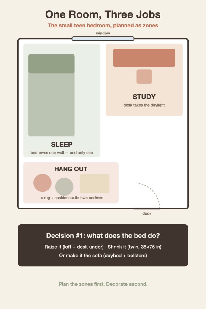Diagram of a small teen bedroom divided into three zones — sleep, study, and hang out — with the bed choice labeled as the first decision.