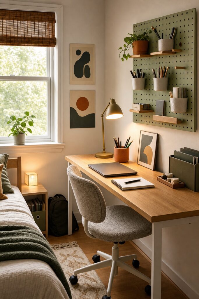 Teen study corner in a small bedroom: a narrow desk by the window with a warm task lamp, a pegboard holding supplies, and a comfortable chair.