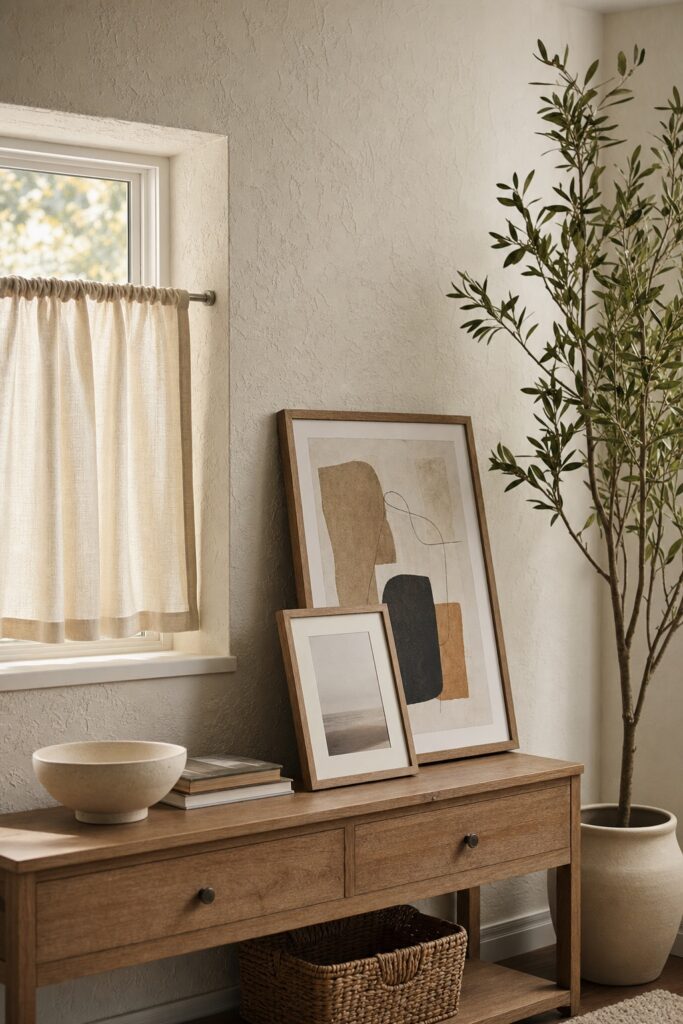 Corner with a tension-rod curtain, large leaning framed art on a console, and a floor plant — no hooks needed