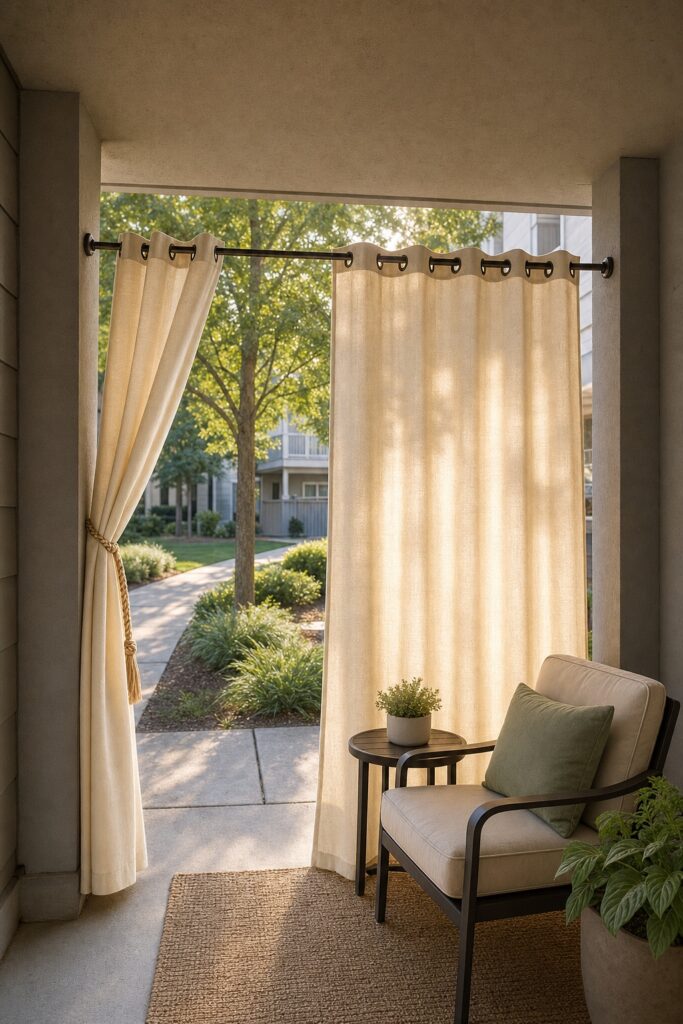 Cream outdoor curtains hung from a tension rod between covered-patio posts, screening the view from the walkway