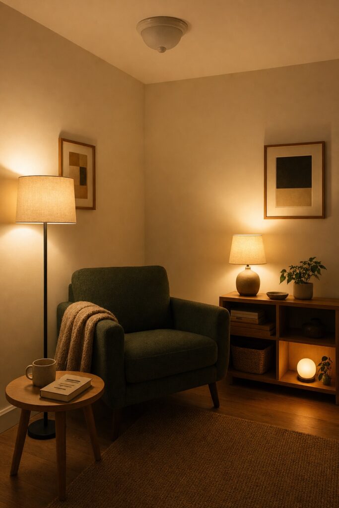 Apartment living corner at night lit by a floor lamp, a table lamp and a small shelf light, with the ceiling fixture off