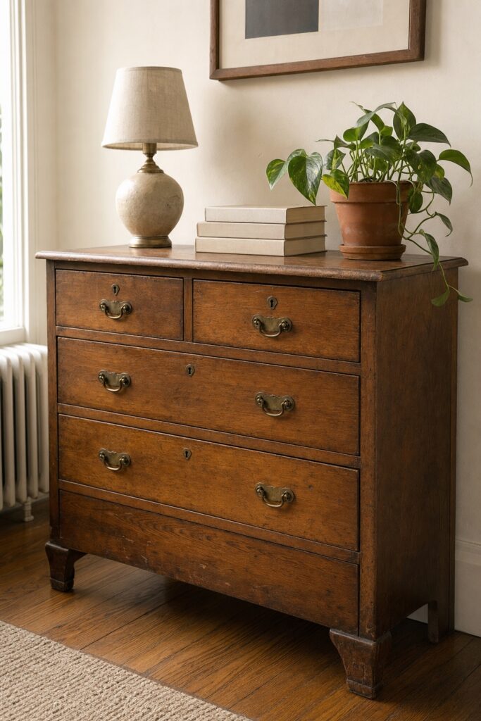 Thrifted solid-wood dresser with gentle patina in a first apartment, styled with a lamp, a small stack of books, and a plant.