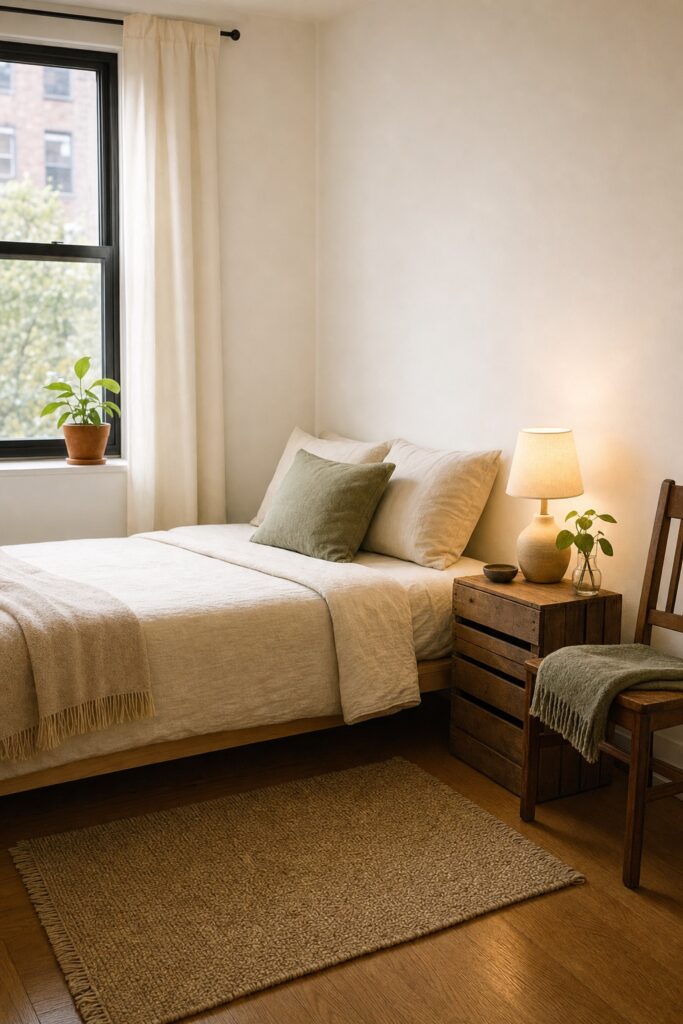 Tiny-budget first apartment done with dignity: a neatly made simple bed, one warm lamp, a secondhand wood chair, and a small crate-style nightstand with a plant.