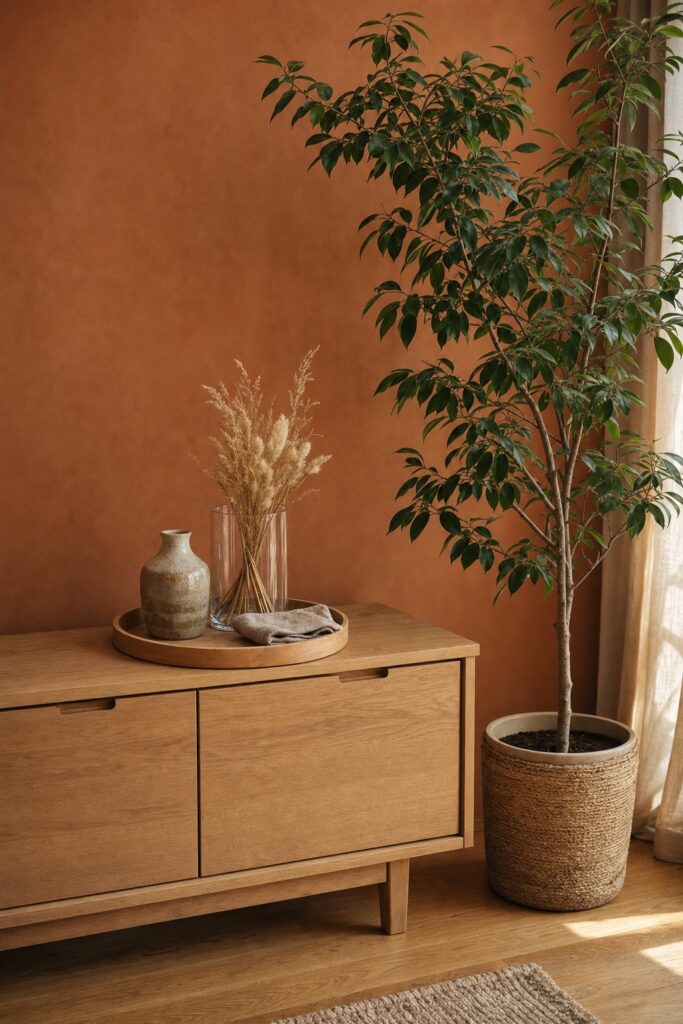 Wooden tray gathering three objects on a sideboard beside one large floor plant