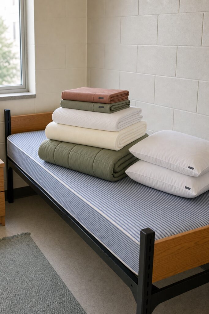 Folded twin XL sheets, mattress protector, topper, comforter and pillows stacked on a bare dorm mattress