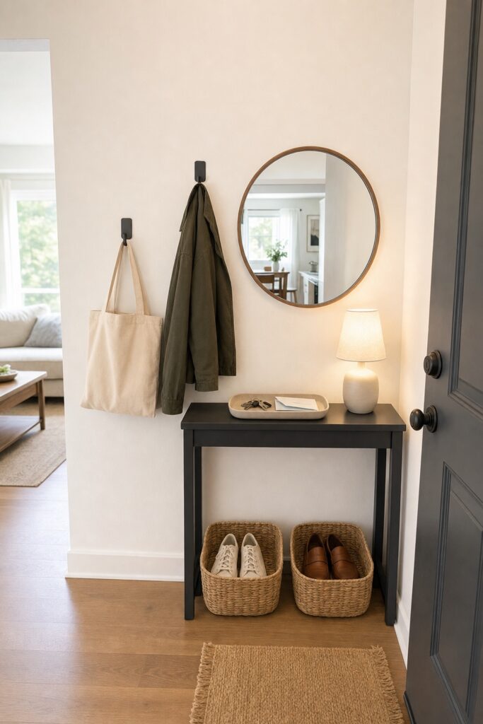 Apartment entry with separate hooks and shoe baskets for two people and one shared tray for keys and mail