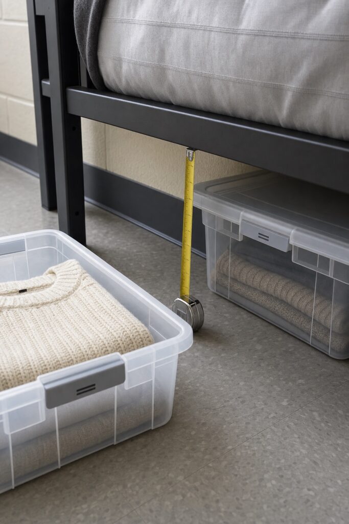 Flat storage bins sliding under a raised dorm bed with a tape measure showing the clearance height