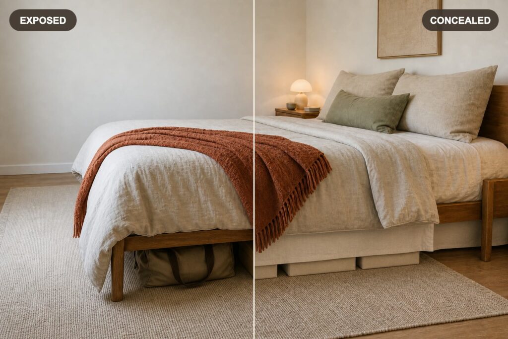 Same bed with exposed under-bed items on the left and matching bins concealed by a bed skirt on the right