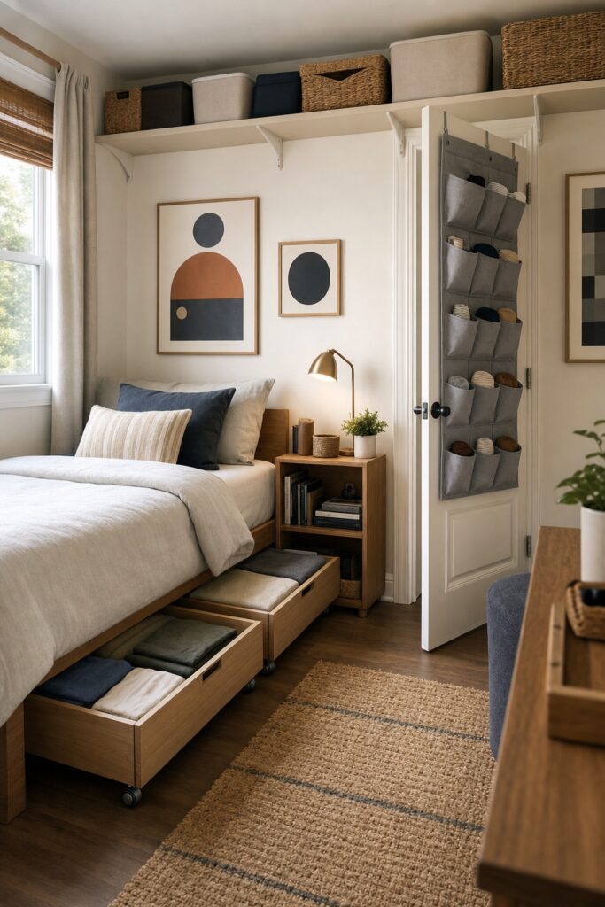 Hidden storage in a small teen bedroom: rolling drawers under the bed, an organizer on the back of the door, and a single high shelf running above the door.