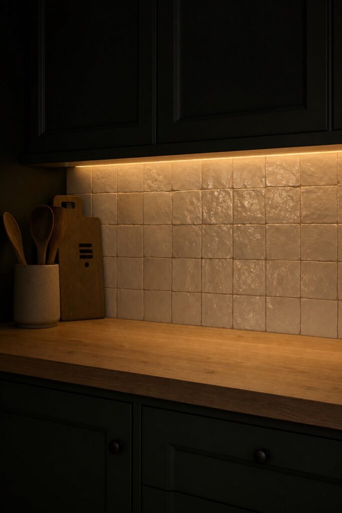 Warm under-cabinet strip light washing down a pale backsplash beneath dark upper cabinets at night