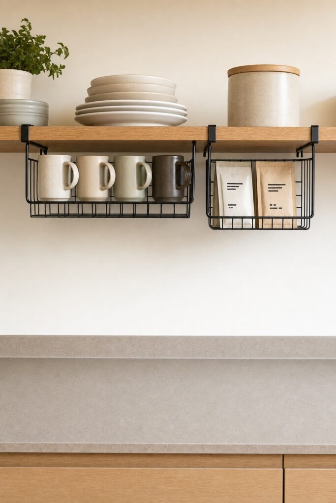 Two wire baskets clipped beneath an open kitchen shelf holding mugs and tea, using the space under the shelf