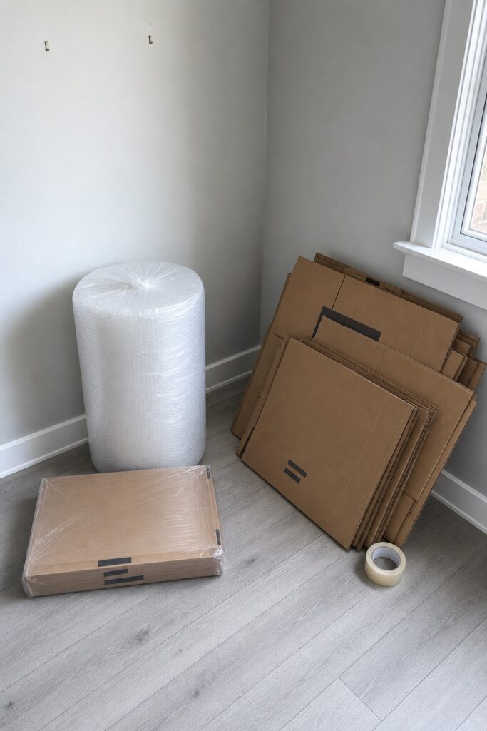 Corner of a packed room with a shrink-wrapped bulk roll of bubble wrap and a sealed moving kit box left unopened beside flattened cartons