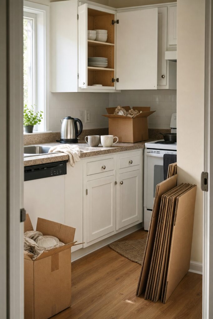 Small kitchen mid-unpack in a new apartment: open cabinet receiving plates, a kettle and mugs already on the counter, and flattened boxes leaning by the doorway.