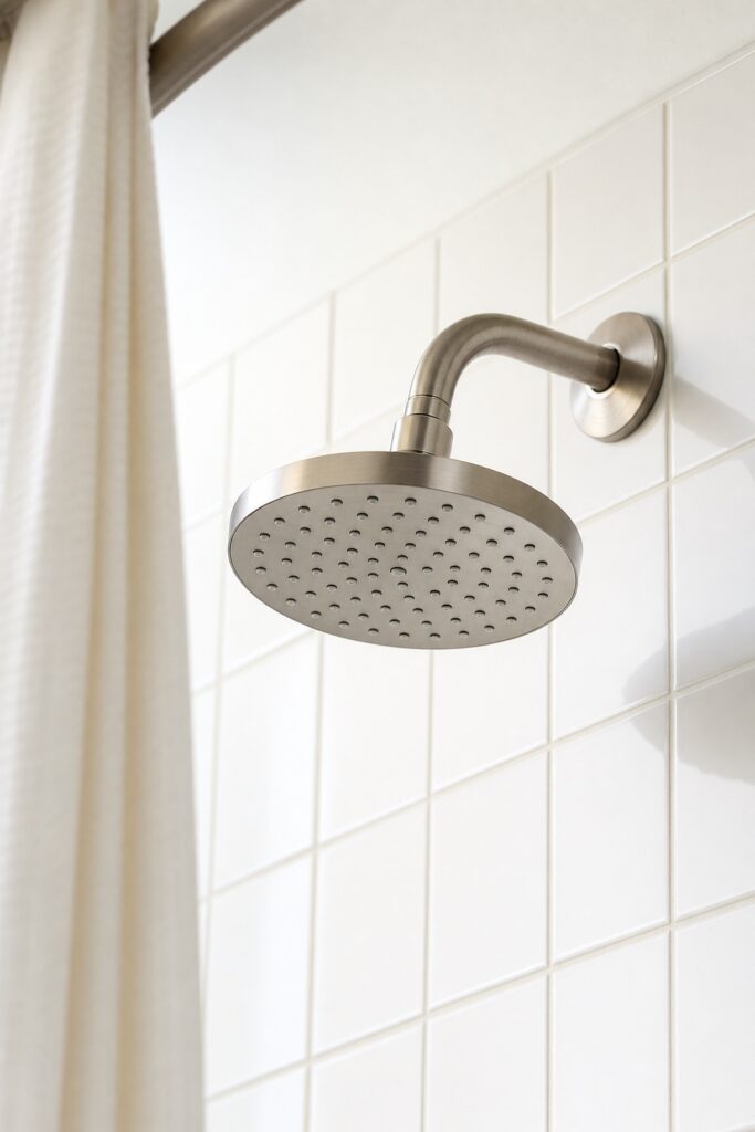 Modern round showerhead newly installed on a standard shower arm in an ordinary rental tub-shower with white tile.