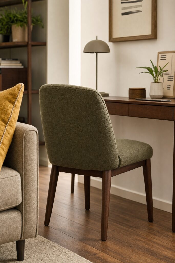 An olive upholstered chair with wood legs pulled up to a slim desk in a living room