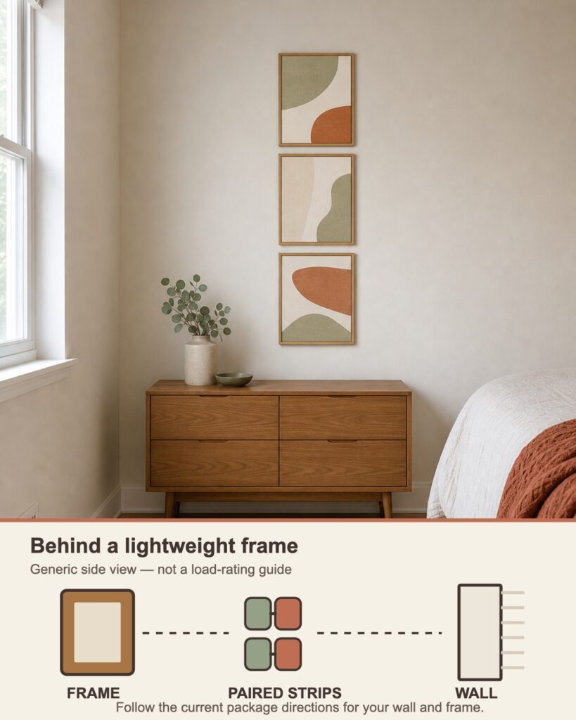 Vertical column of lightweight framed prints on a small-bedroom wall, with a lower panel showing paired adhesive strips