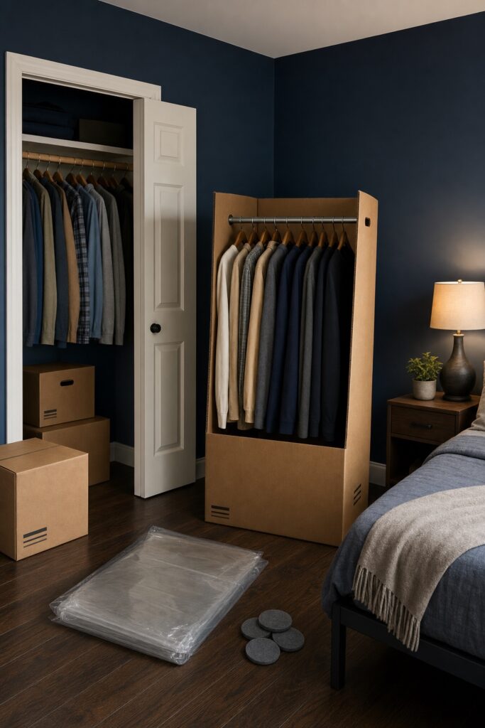 Open closet in a navy bedroom with a tall wardrobe box beside it holding hanging clothes, a mattress bag and furniture sliders on the floor