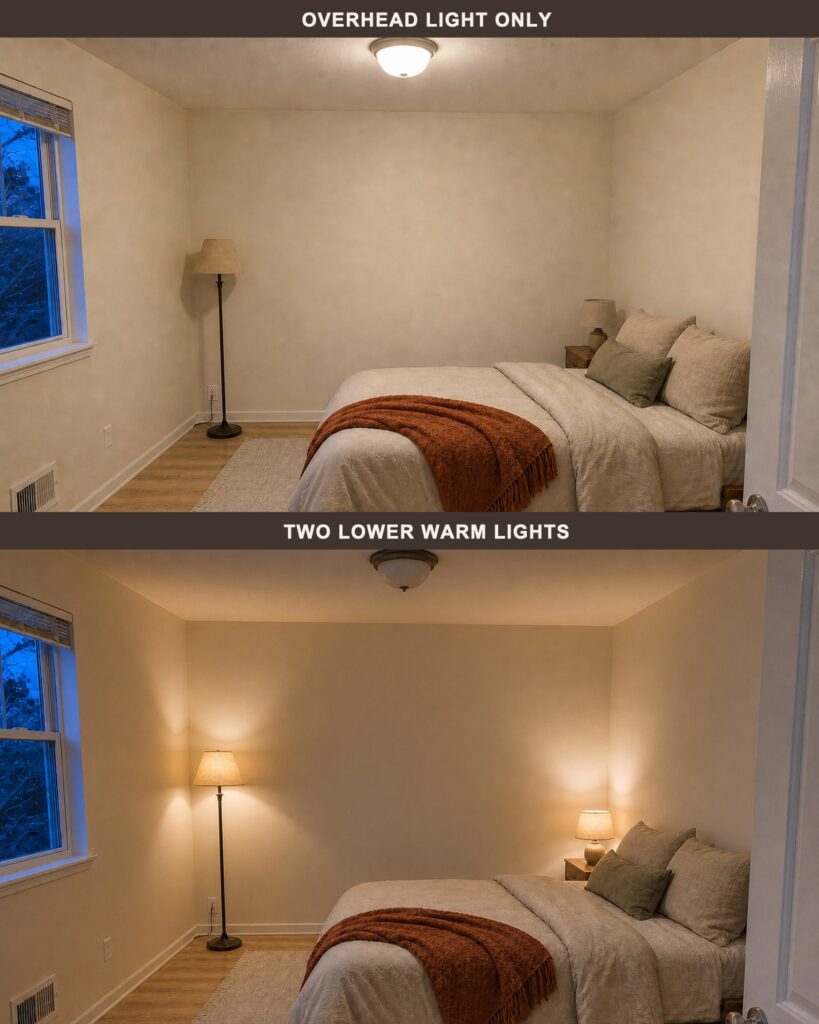 Same small Japandi bedroom under an overhead light and under two lower warm lamps