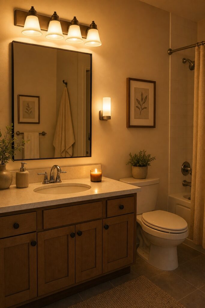 Rental bathroom at evening glowing warm: warm-toned bulbs in the standard fixture, a small battery sconce by the mirror, and a lit candle on the vanity.
