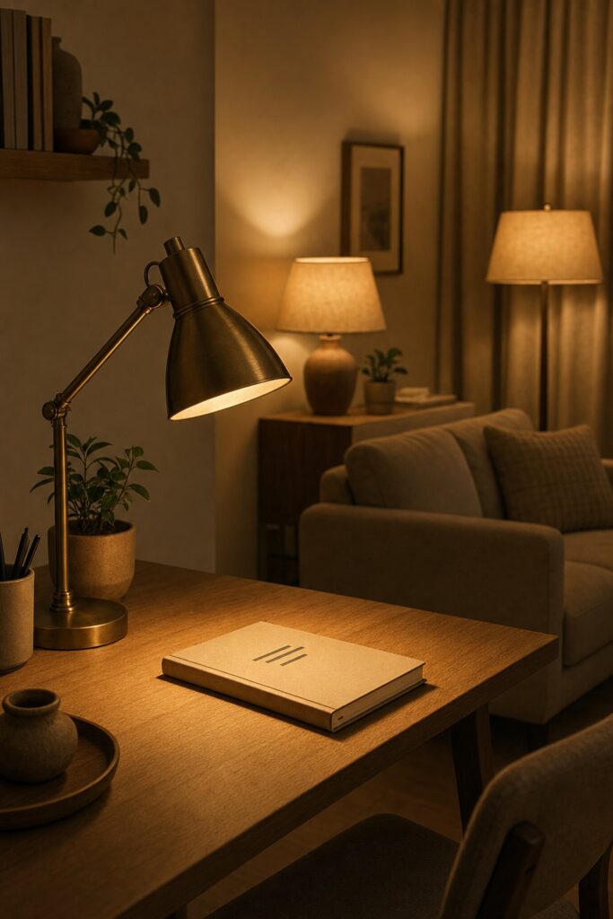 A warm brass task lamp casting a pool of light on a desk surface, with matching warm lamps behind