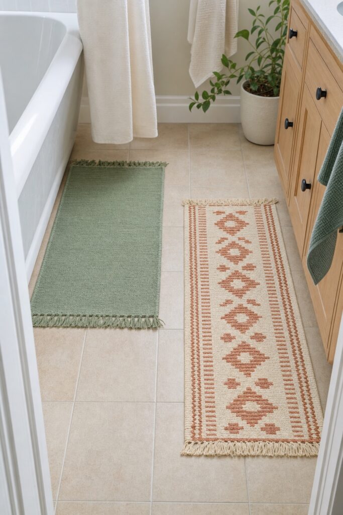 Washable sage bath mat by the tub and a small patterned runner at the sink in a rental bathroom