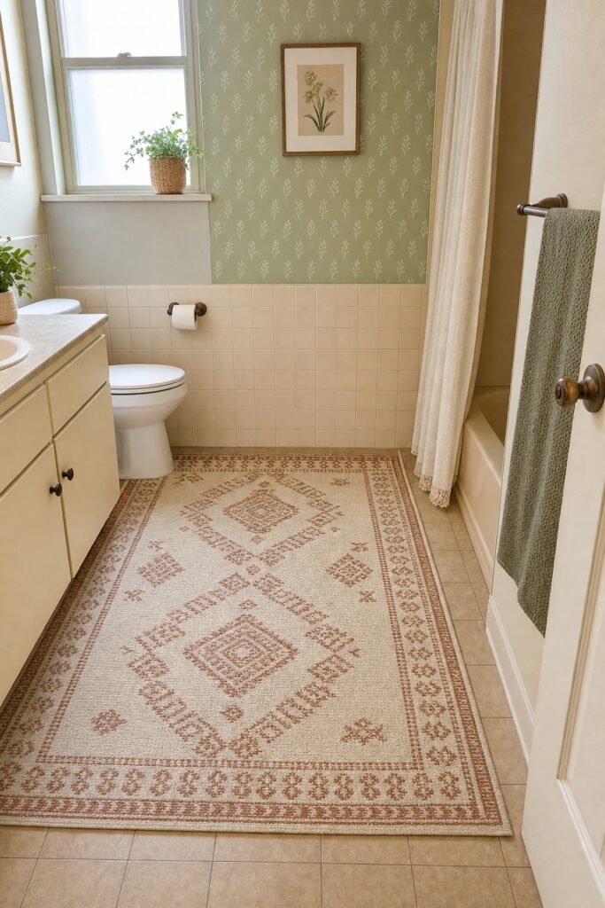 Dated beige rental bathroom floor mostly covered by a large washable woven rug, with a subtle peel-and-stick pattern on one smooth wall section.