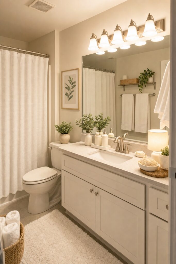 Windowless rental bathroom made bright with layered warm lighting, crisp white towels, and a large mirror doubling the light.