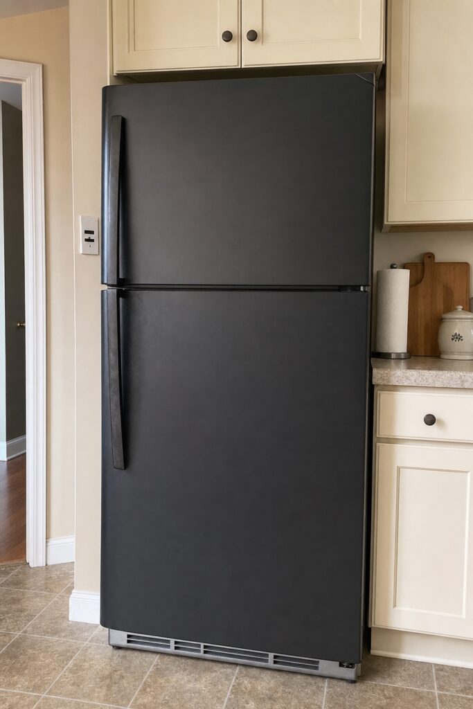 Wrapped fridge in daily use with a slight lift at one top corner and faint marks around the handle area