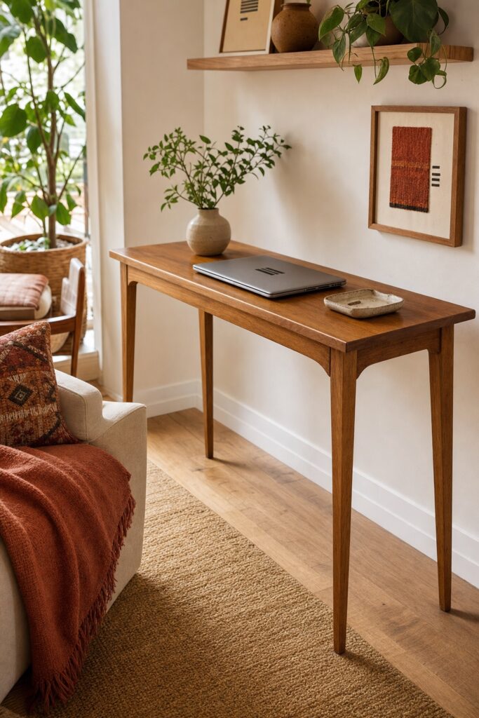 A slim writing table with tapered wood legs used as a desk in a warm neutral living room