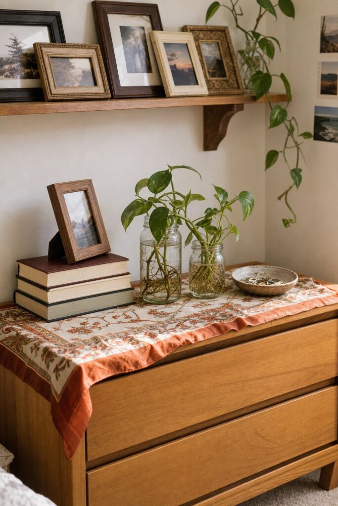Dresser styled with stacked books, printed photos in thrifted frames, a scarf runner, and plant cuttings in glass jars