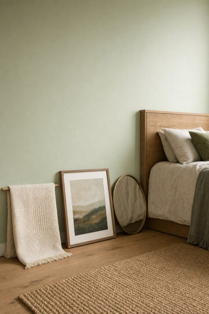 Folded tapestry, framed horizontal print, and round mirror leaning against a bedroom wall before choosing what to hang above the bed