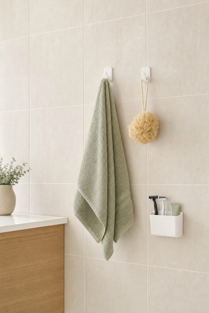 Bathroom wall with adhesive hooks holding a hand towel and loofah and a small adhesive caddy holding razors