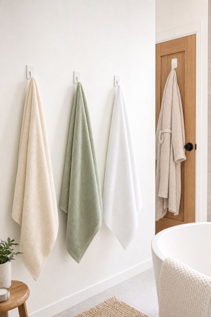 Row of spaced adhesive hooks each holding a single towel, with a robe on a separate door hook