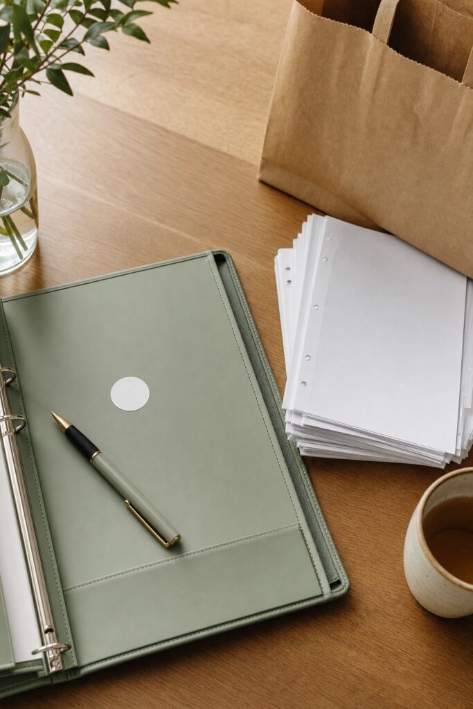 Binder open to its inside front cover with a small blank date sticker and a stack of retired papers set aside for recycling