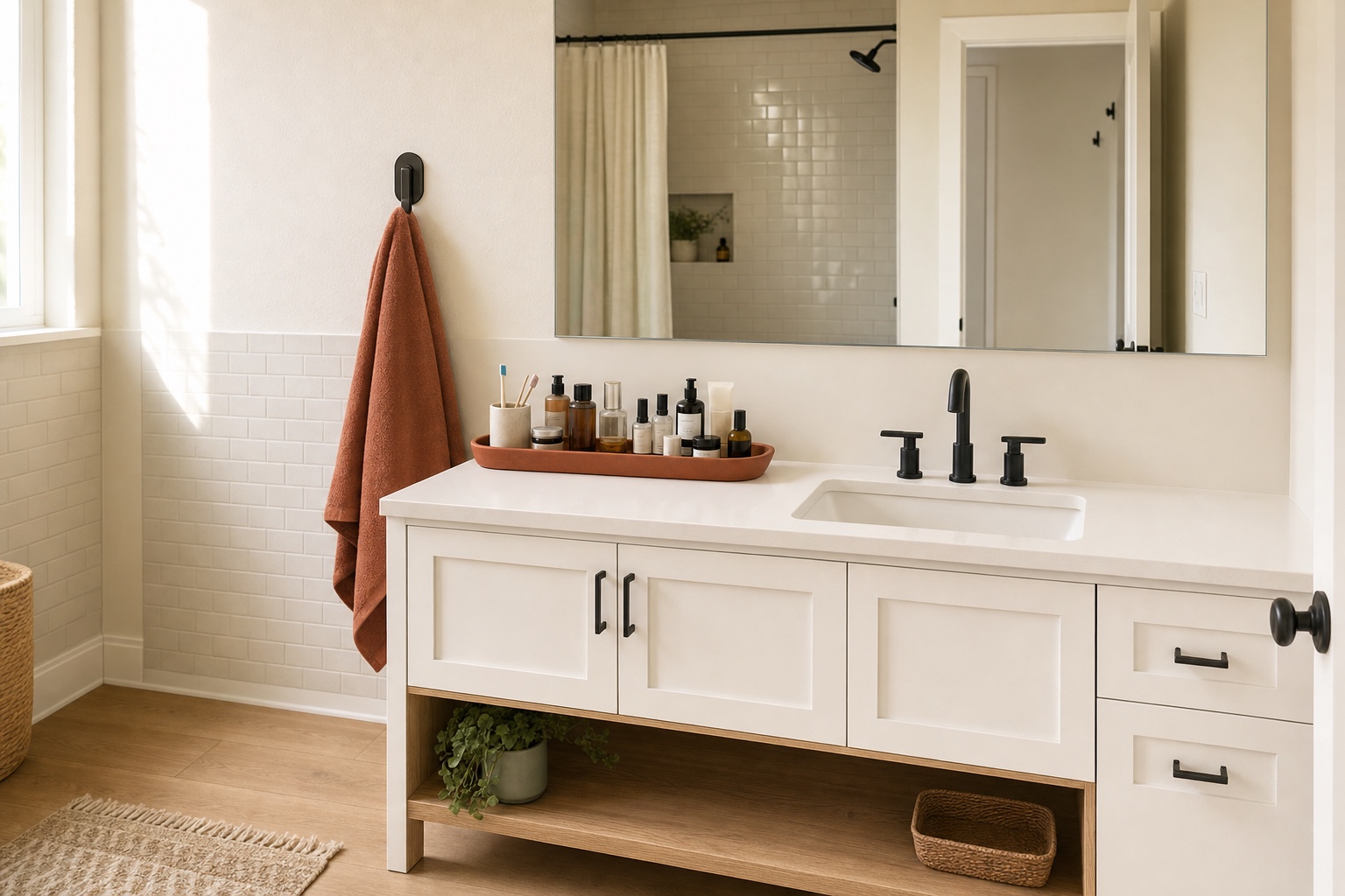 Tidy apartment bathroom counter with an open terracotta tray of everyday items beside a matte black tap and frameless mirror