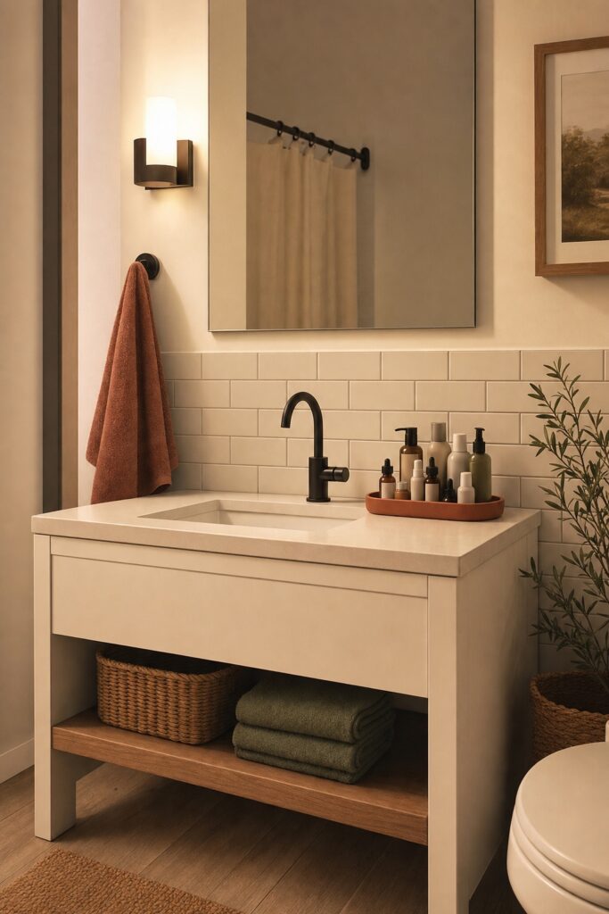 Bathroom counter in warm evening light with the open tray of daily items returned neatly to its place