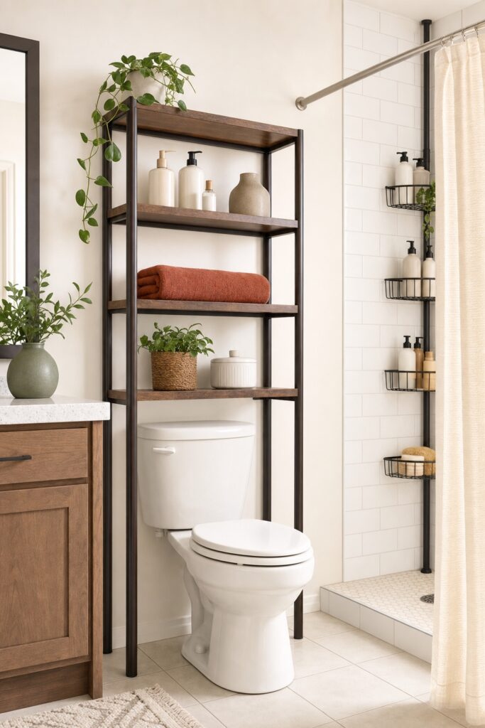Rental bathroom with a freestanding over-toilet shelf unit and a tension shower caddy, nothing drilled into the walls