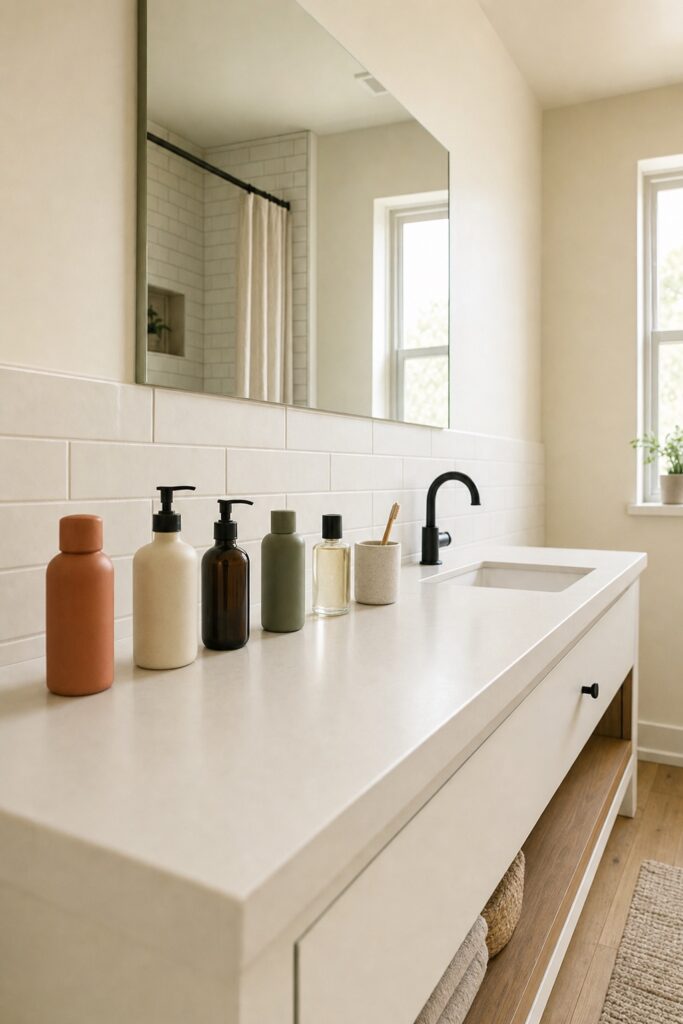 Bathroom counter with everyday items lined up left to right in the order they are used during a morning routine