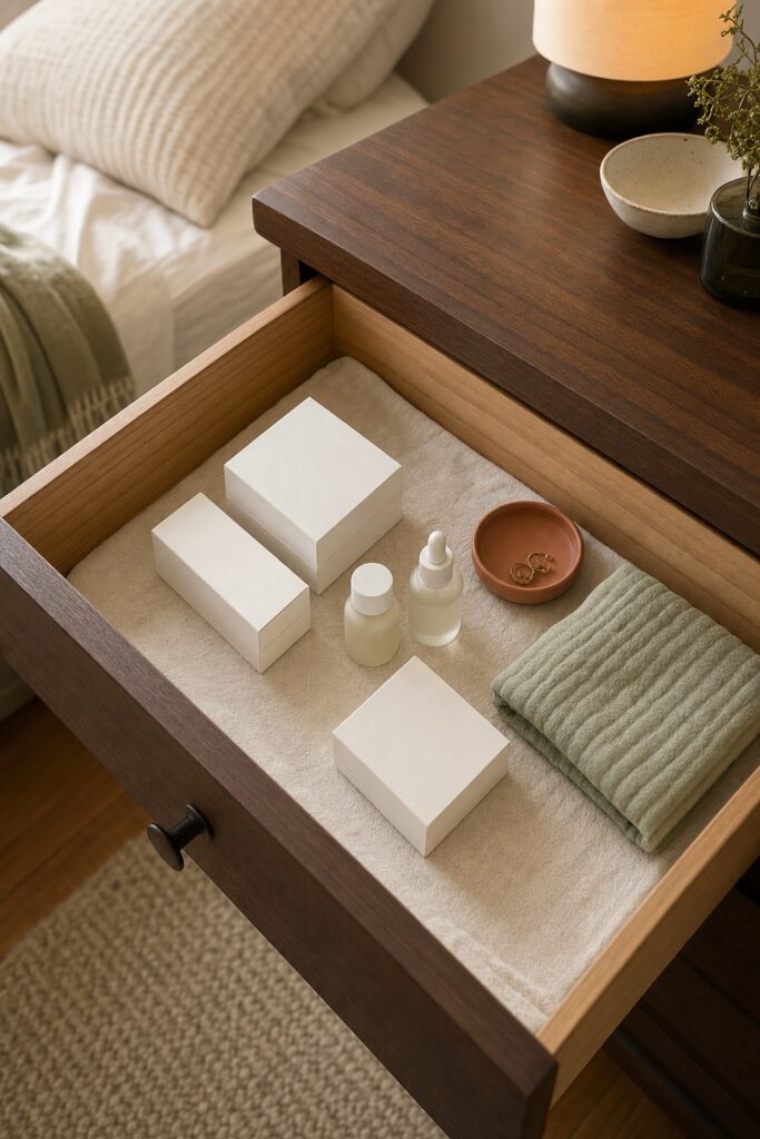 Open bedroom dresser drawer holding a small tidy group of unlabeled boxes and bottles in a dry, cool spot