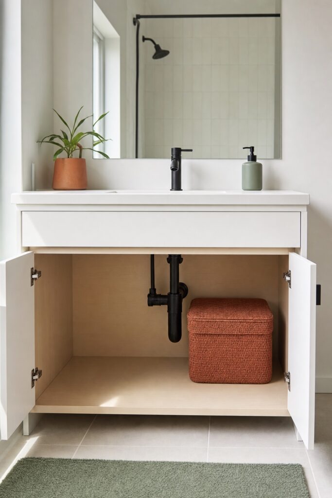Open under-sink cabinet holding one plain woven box with clear empty floor space around it