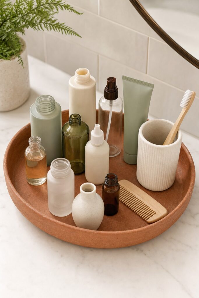 Shallow open tray on a bathroom counter holding about a dozen unlabeled daily toiletries, none stacked or lidded