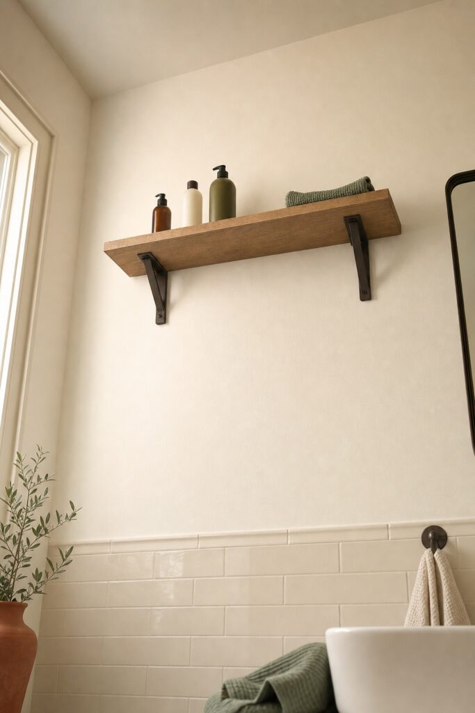High wood-tone bathroom shelf near the ceiling holding a few unlabeled bottles and a folded cloth