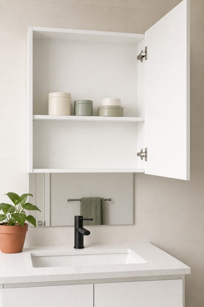 Open mirrored cabinet showing a small group of lidded jars and tubs neatly grouped on one shelf