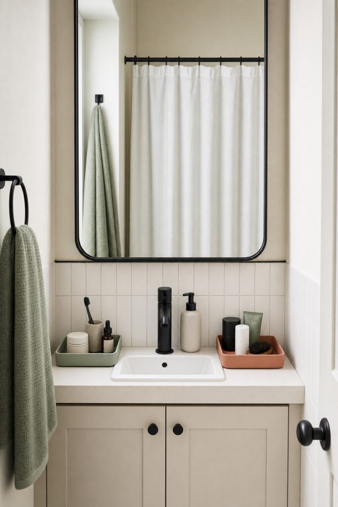 Shared bathroom counter with two separate open trays at opposite ends and one shared soap pump in the middle