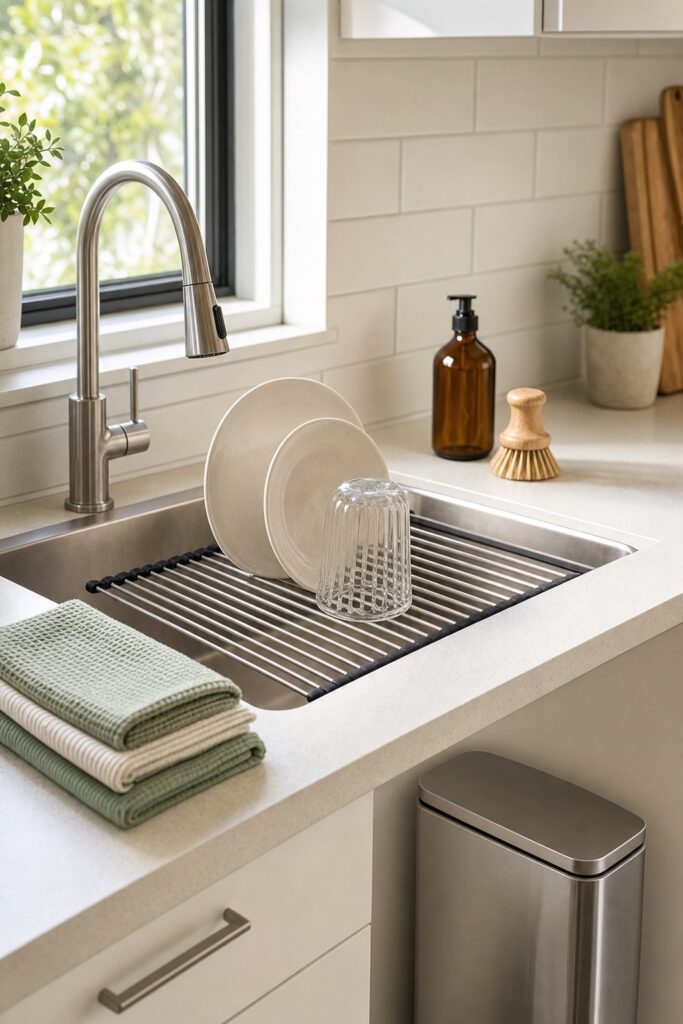 Apartment kitchen sink zone with a roll-up drying rack over the sink, plain dish soap, a brush, folded towels and a lidded trash can below