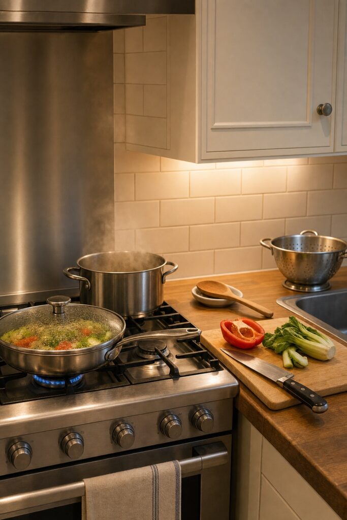 Core apartment cooking kit in use with a skillet and large pot on the range and a chef's knife on a cutting board with fresh vegetables